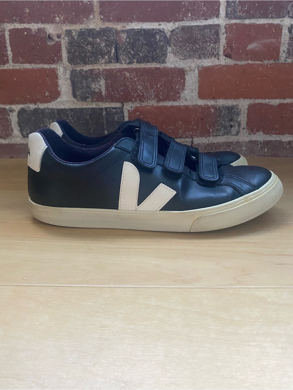 Veja Black Leather Velcro Sneakers with Cream Accents